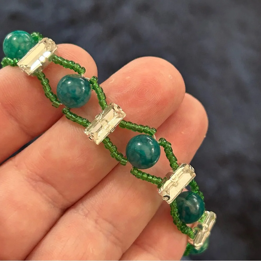 Handcrafted 8mm dragon vein agate lattice seed bead faceted glass bar bracelet